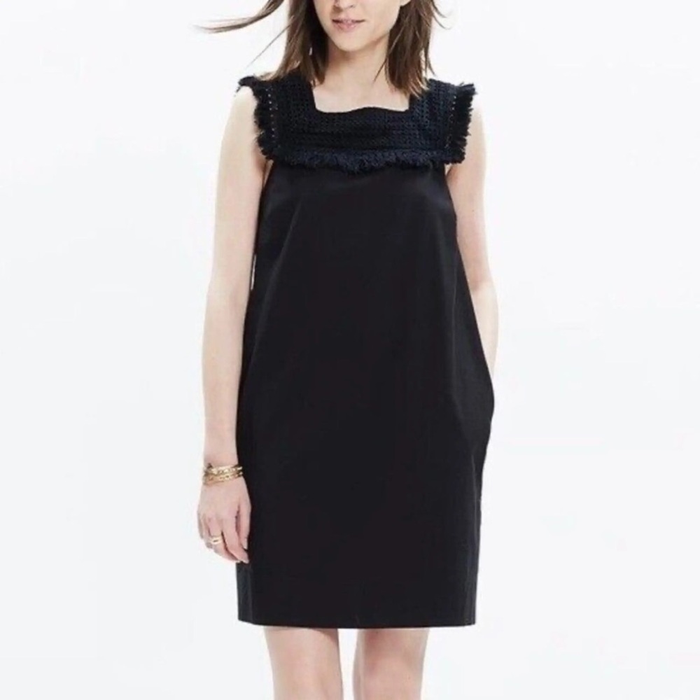 Madewell Black Shift Dress Size 4/S Cotton Fringe Trim Sleeveless Chic Mini